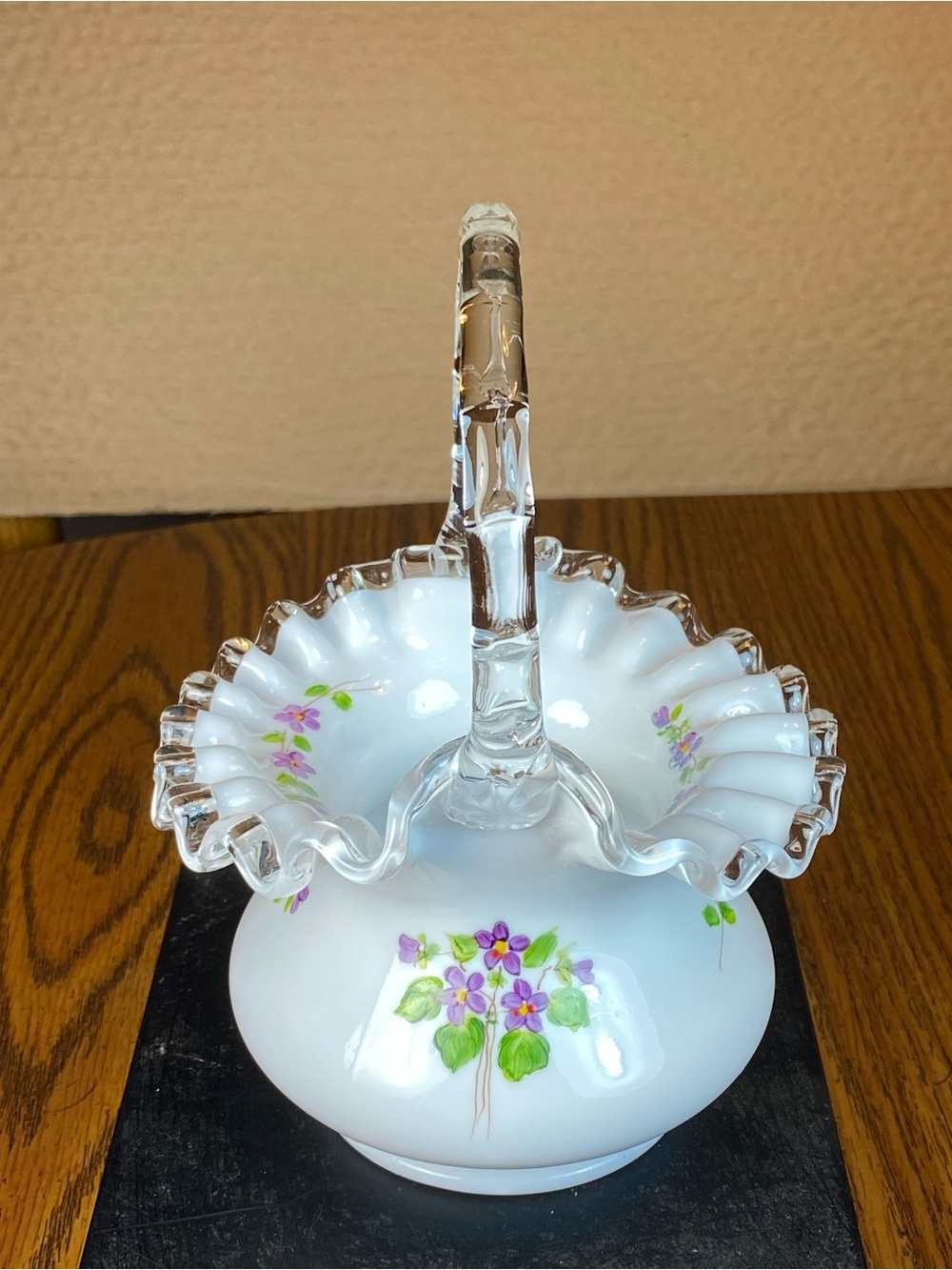 Silver Crest Fenton Art Glass Violets In The Snow Basket